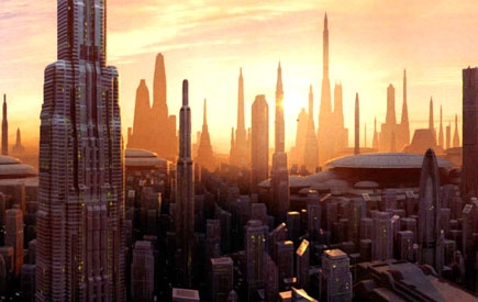 4 4 4. CORUSCANT, THE WHOLE THING. Like adding New York to Kuala Lumpur and Hong Kong, then squaring the result. The capital of the Old Republic takes urban sprawl to the extreme and realises the vision of Greek City planner Constantinos Doxiadis of an ecumeonpolis: a single city that covers the whole of a planet. The ‘New Architecture’ style common to the Senate Area of Coruscant is characterised by Manhattan-like skyscrapers nestled among blade-thin obelisks that resemble the soaring minarets of Cairo.