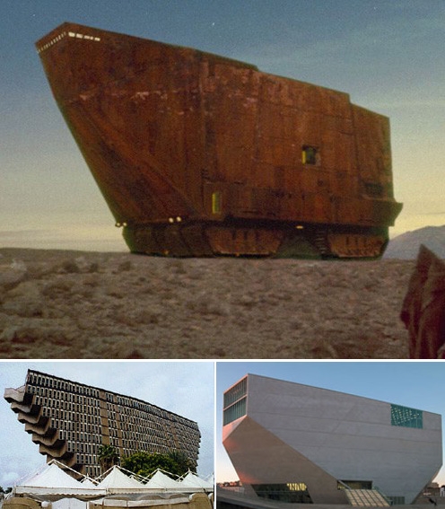8 8. SANDCRAWLER, TATOOINE. Not quite a building, but the monumental quality of its form and its polygonal facades lend this Jawa Sandcrawler a building-like presence. These large treaded vehicles have inspired buildings from a Tunisian hotel to Rem Koolhaas’ Casa de Musica in Porto (both pictured above).