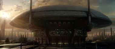 9 9 9. SENATE BUILDING, CORUSCANT. More than two kilometres wide, this seat of power looms over its subjects. Sited at the end of the Avenue of Core Founders, it holds the Grand Convocation Chamber, a vast auditorium that contains 1024 floating repulsorpods, one for each senator (extensive refurbishment followed a duel between Chancellor Palpatine and Jedi Grand Master Yoda). Noted similarities with Jean Nouvel’s Louvre Abu Dhabi.