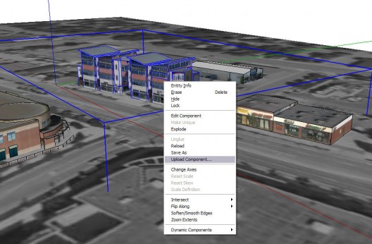 UploadComponent Upload component context menu shown for one building among many being modeled