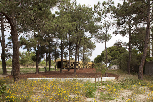 General view of the pavilion through the pine-trees forest © Leonardo Finotti General view of the pavilion through the pine-trees forest © Leonardo Finotti