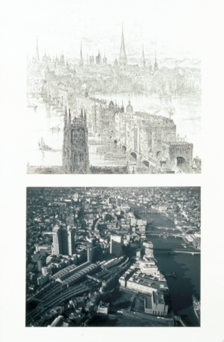 London Bridge after Wyagaerde 1600 and aereal view from east