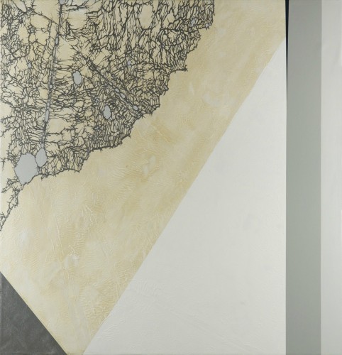 Diagram # 28 (Nelson Atkins Museum of Art/ Bloch Bldg/Holl), 2011, gesso, acrylic latex enamel, acrylic transference paint, and chrome on canvas,64” x 64.” Photo credit: Juan E. Cabrera