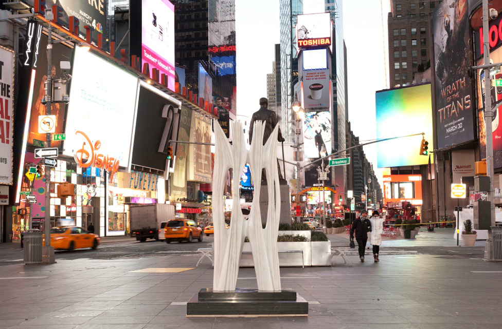 Phantom Oil Pumps and a Soaring Marble Column Arrive in Times Square
