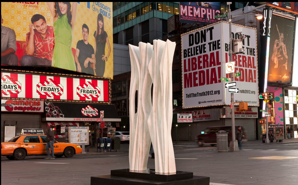 Phantom Oil Pumps and a Soaring Marble Column Arrive in Times Square