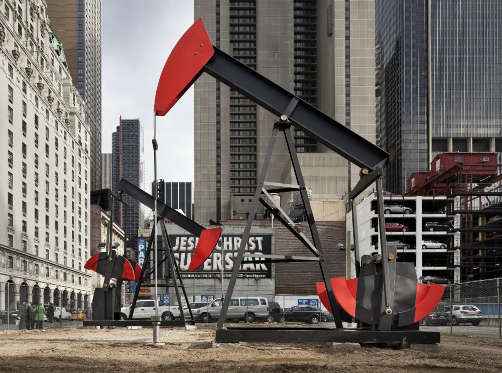Phantom Oil Pumps and a Soaring Marble Column Arrive in Times Square