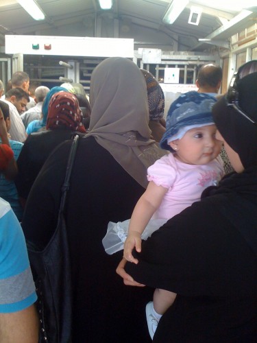 1. mom with infant going through