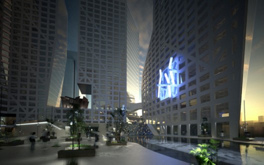 The Light Pavilion by Lebbeus Woods in collaboration with Christoph a. Kumpusch, in the Raffles City complex in Chengdu, China, by Steven Holl Architects.