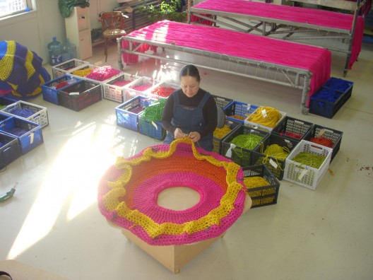 Toshiko Horiuchi MacAdam, knitting one of her sculptures. Photo © Masaki Koizum.