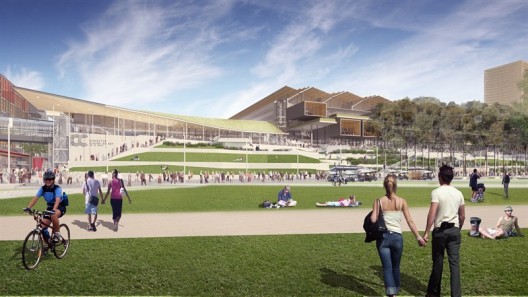 International Convention Center (ICC) Exhibition, view from Tumbalong Park. Image © SICEEP