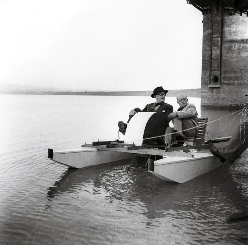 Le Corbusier and Pierre Jeanneret relaxing on the Shukna Lake on a pedal boat manufactured by Pierre Jeanneret, c. 1950. Photo by Sureh Sharma.