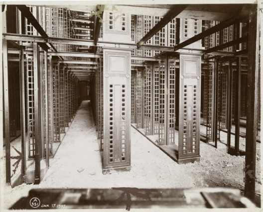 The stacks under construction, 1907. Image via the New York Public Library.