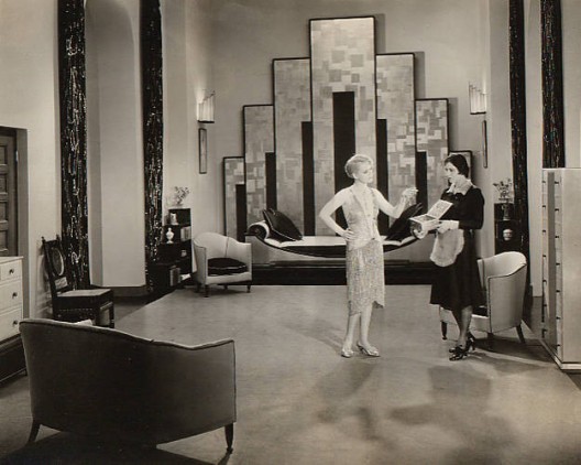 Cedric Gibbons used strong, geometric accents to achieve the Art Deco look of Our Dancing Daughters (1928). Image via Elle Decor.