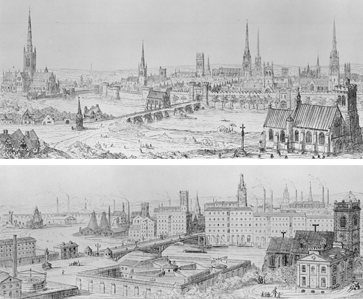 © From Contrasts: 'a Catholic town in 1440' (top) and 'a town in 1840' (bottom), 1836 Print Artist: Augustus Pugin © RIBA Library Photographs Collection