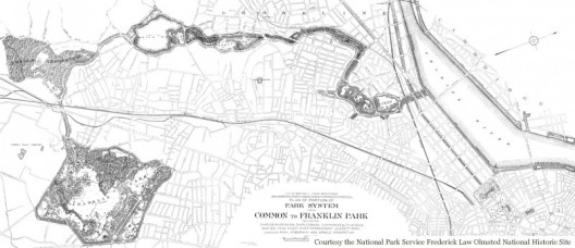 © Frederic Law Olmsted’s Emerald Necklace draws a sensuous calligraphic stroke through Boston’s Back Bay and environs. Image via Olmstedfilm.org.