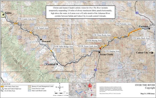 © A close-up section of the Arkansas River detailing the location of the fabric panels for Over The River