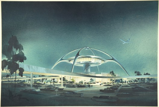 Overdrive: L.A. Constructs the Future, 1940–1990; Charles Luckman (American, 1909–1999), William Pereira (American, 1909–1985), Welton Becket (American, 1902–1969), Paul R. Williams (American, 1894–1980) LAX, Theme Building; perspective view, 1961; Image courtesy of and © The Luckman Partnership, Inc. | a Salas O’Brien Company