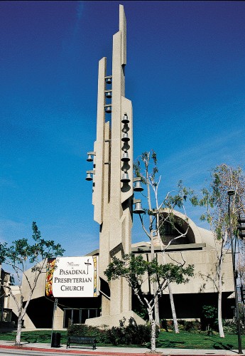 Pasadena 1940 Forward: Residential Architecture of the Recent Past; John Gougeon; The exterior and bell tower at Pasadena Presbyterian Church, Pasadena, California; © Copyright, Pasadena Presbyterian Church