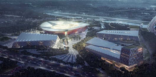 Stadium (middle left), Arena (lower left), Aquatic center and hotel (lower right), fitness facility (upper right) © NBBJ