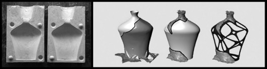 (left) Two negative parts of the vases’ plaster mold, based on the positive MDF-milled mold. (right) The evolution of the design of the restorative elements using CAD software. (© Amit Zoran)