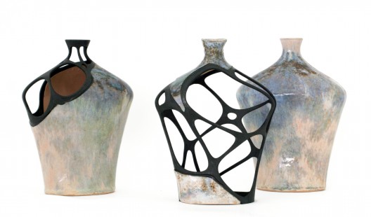 Three vases—the digitally restored vases (left and middle) and a complete one (right), 2010. Glazed ceramic, SLS nylon element, epoxy glue and black spray paint. (© Amit Zoran)