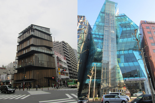 Asakusa Culture Tourist Information Center by Kengo Kuma. Right: Audi Forum Tokyo by Creative Designers International. Image © Dessen Hillman