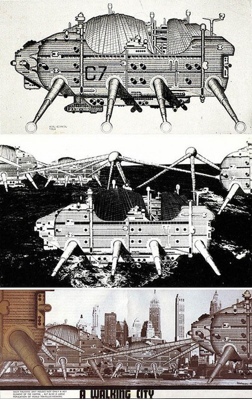 Archigram's Walking City attacks New York via walkingthecityupolis.blogspot.com