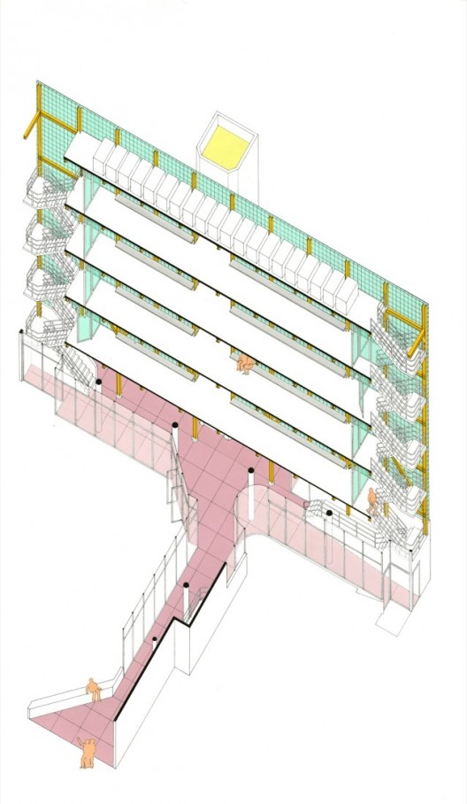 Reidel Medical Building / Tijuana, Mexico, 1976 / Morphosis (Thom Mayne and Michael Rotondi) / Circulation isometric / Pantone and laminated plastic on print, 14” x 21 ½” / Courtesy of Morphosis Architects