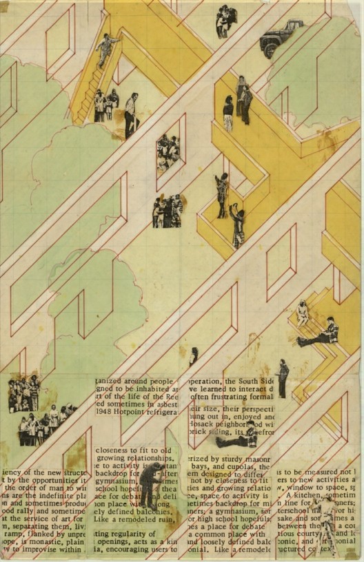 South Side Settlement / Columbus, Ohio, 1975-80 / Studio Works (Craig Hodgetts and Robert Mangurian) / Isometric, first scheme / Ink, pantone, and collage on paper, 11” x 17” / Image courtesy of the architects