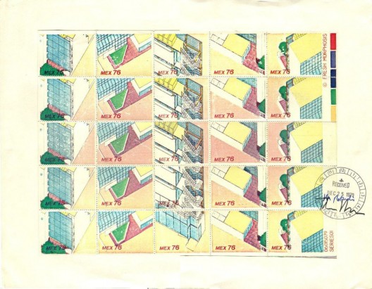 Stamps / 1979 / Morphosis (Thom Mayne and Michael Rotondi) / Partial isometric views of the Reidel Medical Building / Color copy mounted on board with ink stamp and signatures, 10 ¾” x 14” / Courtesy of Morphosis Architects