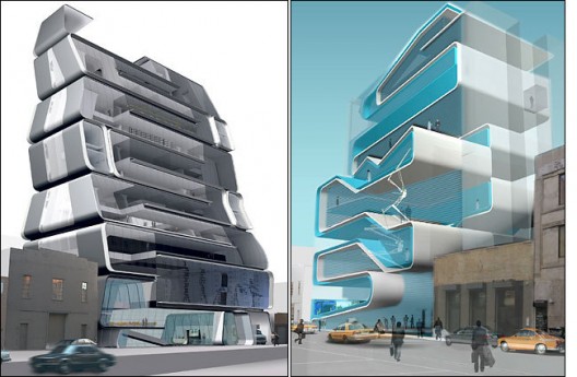 Proposals for the Eyebeam museum: Thomas Leeser, left, and Diller & Scofidio, right, which ultimately won. Leeser's explanation for the similarity?