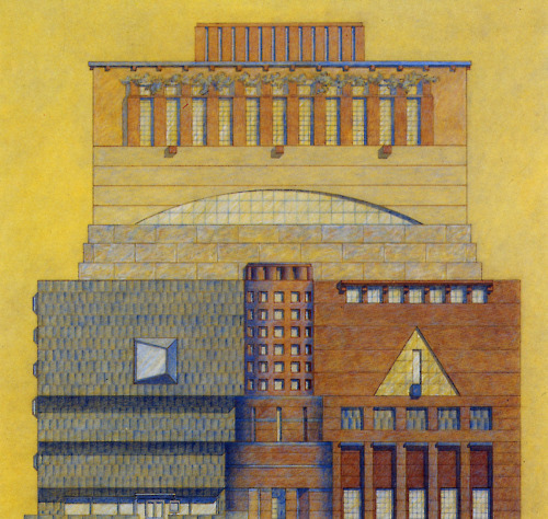 MICHAEL GRAVES, PROPOSED ADDITION TO MARCEL BREUER’S WHITNEY MUSEUM OF AMERICAN ART, SCHEME 1, NEW YORK, NEW YORK, 1985-1989. Courtesy of Archive of Affinities