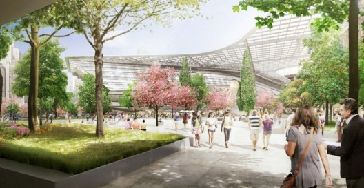 The tech plaza, with the first academic building and proposed solar canopy in the background. © Kilograph