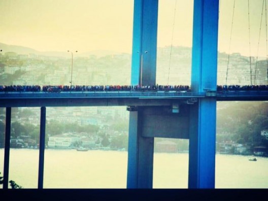 Thousands of citizens crossing one of the bridges over the Bosphorus on foot as a demonstration.