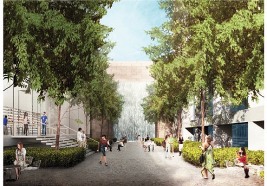A rendering of the rear view of the proposed store and revamped public plaza without the fountain.