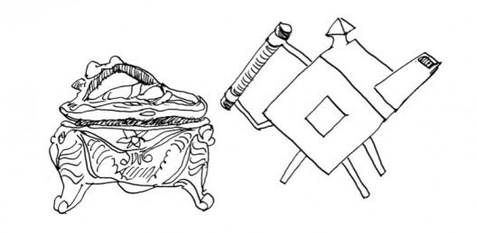 Figure 1. On the left, mass-produced Art Nouveau silver jewelry box by P. A. Coon, 1908. On the right, hand-made Machine Aesthetic silver teapot by C. Dresser, 1879. Drawing by Nikos Salingaros.