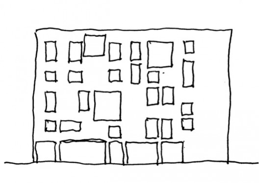Figure 4. Willful and perverse denial of natural symmetries in contemporary architecture makes people uncomfortable. Drawing by Nikos Salingaros.