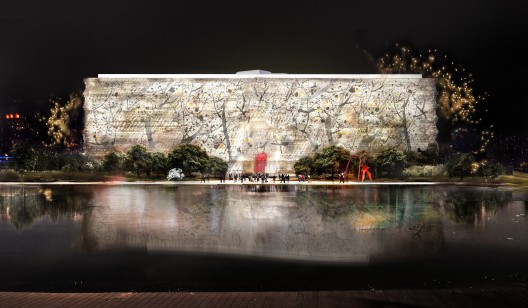 West Elevation with Wu Guanzhong art banner; Courtesy of Gehry Partners