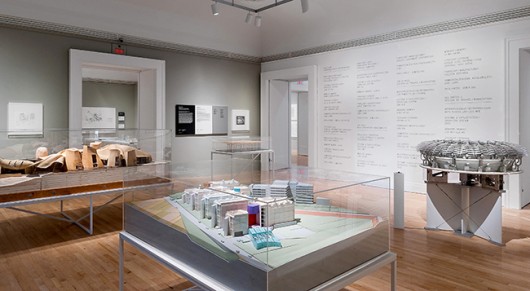 A view of the exhibition, with a model of Peter Eisenman’s Biozentrum, Biology Center for the J.W. Goethe University, Frankfurt am Main, Germany, in the foreground. Image Courtesy of CCA, Montreal