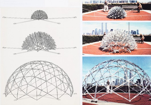 The movement of an expanding geodesic dome, designed by Chuck Hoberman in 1992. Image Courtesy of Hoberman Associates