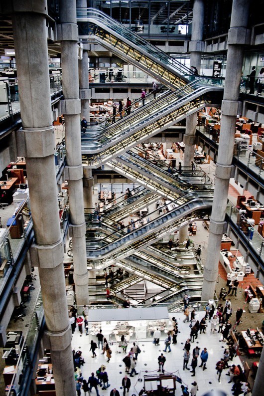 The heaviness of the main atrium in Lloyd's of Londons (Richard Rogers) main atrium evokes importance and gravitas. Image © Mark Ramsay