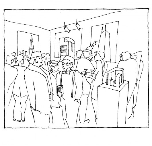 Gabor Gallov drawing of a party. Architects should win people over by making their world as appealing as that of performers, artists or even fashion designers. Image © Gabor Gallov