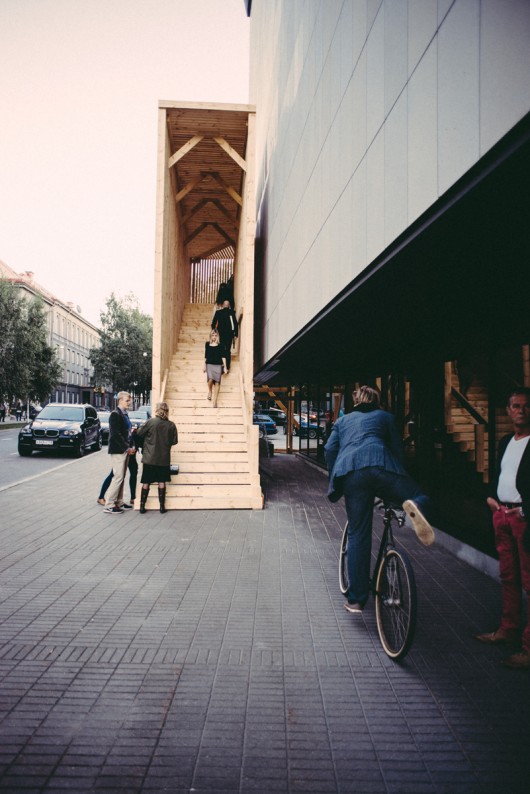 The opening event of the TAB 2013 Curators’ Exhibition in the Ministry of Foreign Affairs (a modernist/Soviet landmark highrise in Tallinn, originally built as the headquarters of the Communist Party) on September 6th, 2013. Temporary staircase designed by Tomomi Hayashi leading to the so-called Sprat-Tin Hall of the Ministry of Foreign Affairs building where the Curators’ Exhibition took place. Image © Tonu Tunnel