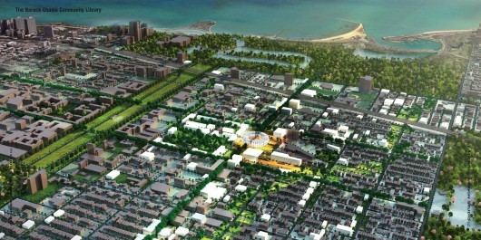 Aerial of Proposed Presidential Center. Image Courtesy of Michael Sorkin Studio