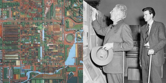Frank Lloyd Wright. Broadacre City Project. 1934–35. Model: painted wood. The Frank Lloyd Wright Foundation Archives (The Museum of Modern Art | Avery Architectural & Fine Arts Library, Columbia University, New York); Frank Lloyd Wright and Eugene Masselink at the exhibition Frank Lloyd Wright, American Architect. November 13, 1940–January 5, 1941. The Museum of Modern Art Archives, New York. Photo by Soichi Sunami