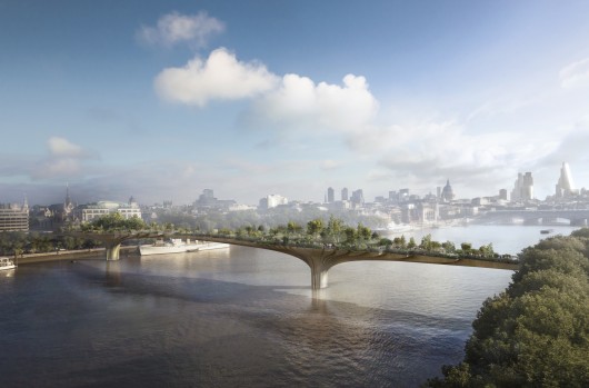 Thomas Heatherwick and Arup's plans for a new, 367-meter long ‘Garden Bridge’ that will span the river from Temple to the Southbank (more renderings at http://www.archdaily.com/389848/thomas-heatherwick-designs-garden-bridge-in-london/). Image Courtesy of Arup