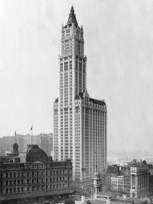 View of Woolworth Building and surrounding buildings (ca. 1913), via Wikimedia Commons