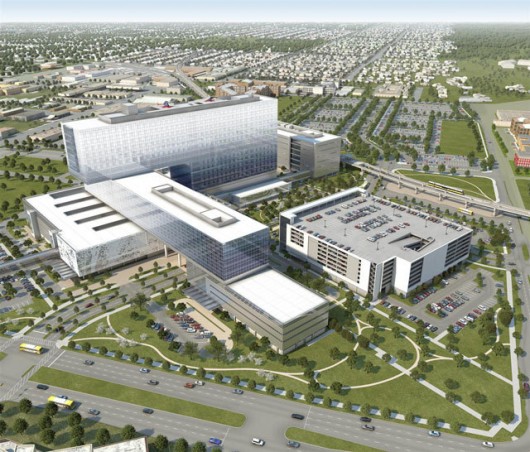 Parkland Memorial Hospital in Dallas, designed by a joint venture between HDR + Corgan. HOK is responsible for the hospital’s furnishings and equipment, and has also been executing a study of the role of furnishings and artwork in inpatient care. Image Courtesy of HDR + Corgan
