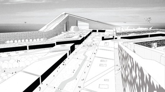View of central crossing of the central hub island, one of dozens of man-made islands envisioned by Rice University architecture students. The islands would serve as a floating city for oil workers off the coast of Brazil.. Image Courtesy of Rice School of Architecture, via NPR