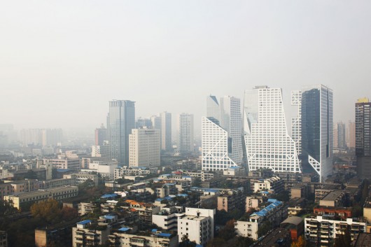 A view of the Sliced Porosity Block in Chengdu. Image © Shu He